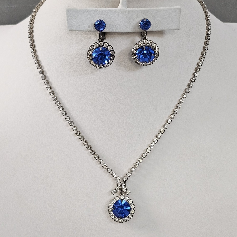 Vintage Sapphire Blue & Clear Rhinestone Necklace Clip Earrings Set Silver Tone